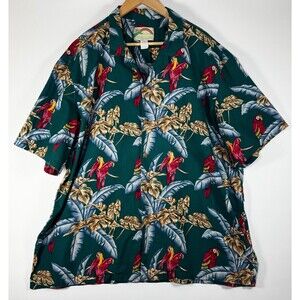 Vintage Paradise Found Hawaiian Shirt Mens 3XL Green Parrot Macaw Tropical Aloha